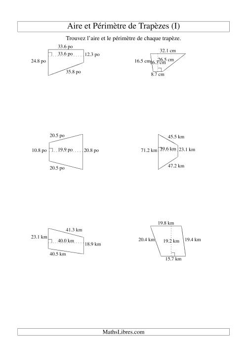 Aire et périmètre de trapèzes (jusqu'à 1 décimale; variation 10-99) (I)