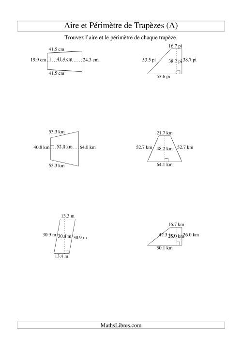 Aire et périmètre de trapèzes (jusqu'à 1 décimale; variation 10-99) (Tout)