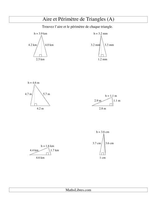 Aire et périmètre de triangles (jusqu'à 1 décimale; variation 1-5) (A)