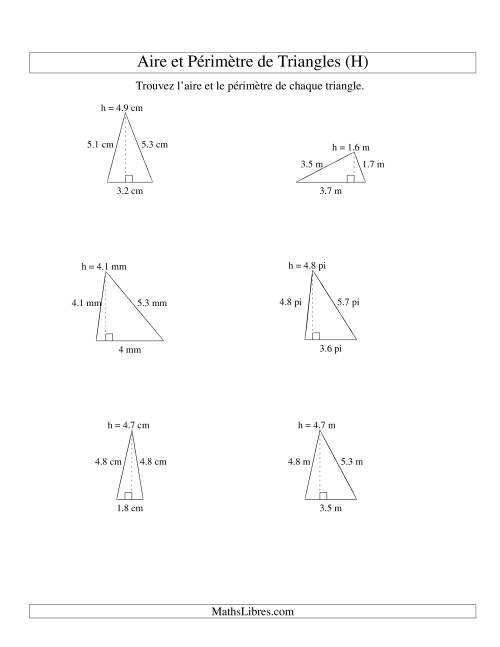 Aire et périmètre de triangles (jusqu'à 1 décimale; variation 1-5) (H)