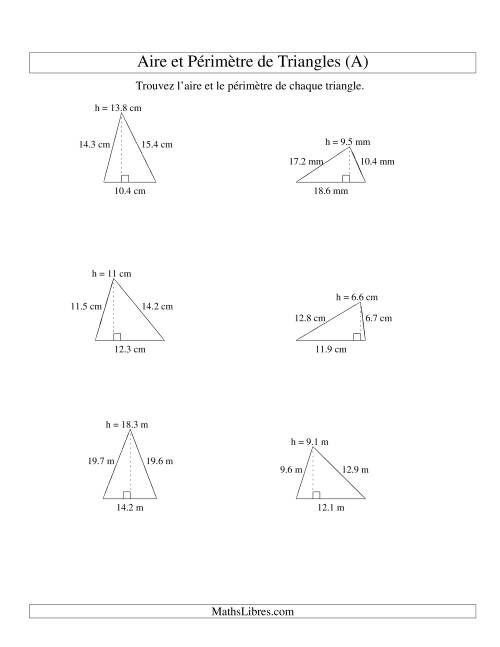 Aire et périmètre de triangles (jusqu'à 1 décimale; variation 5-20) (A)