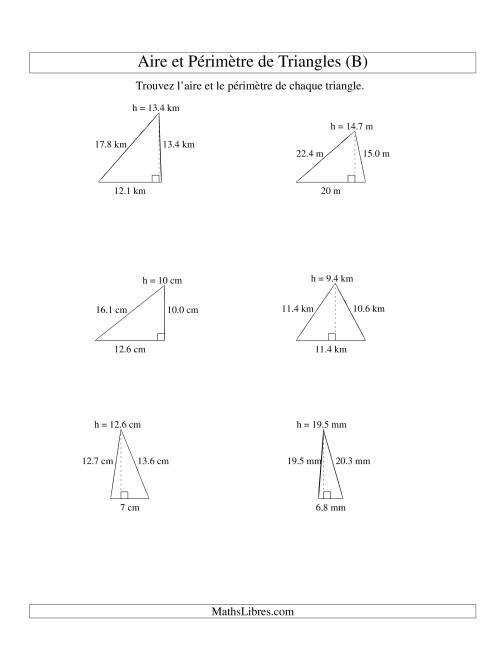Aire et périmètre de triangles (jusqu'à 1 décimale; variation 5-20) (B)