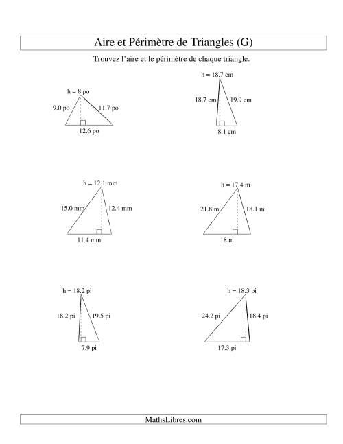 Aire et périmètre de triangles (jusqu'à 1 décimale; variation 5-20) (G)