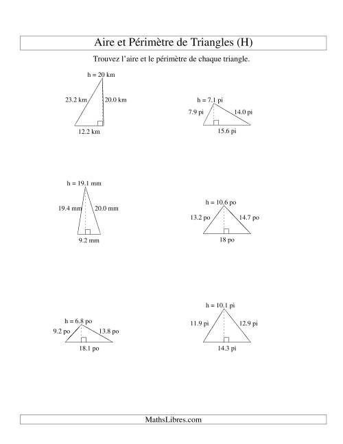 Aire et périmètre de triangles (jusqu'à 1 décimale; variation 5-20) (H)