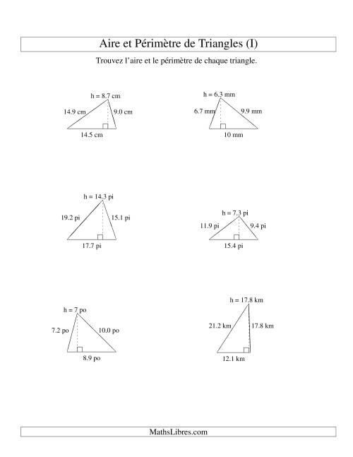 Aire et périmètre de triangles (jusqu'à 1 décimale; variation 5-20) (I)