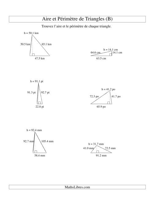 Aire et périmètre de triangles (jusqu'à 1 décimale; variation 10-99) (B)