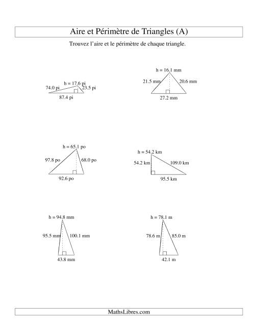 Aire et périmètre de triangles (jusqu'à 1 décimale; variation 10-99) (Tout)