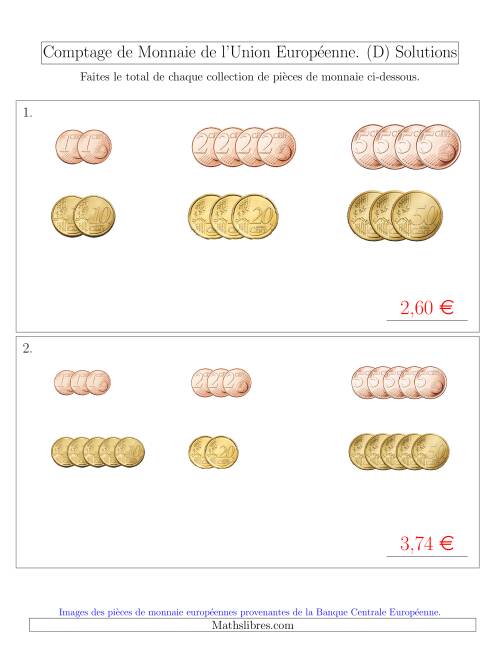 Comptage de Monnaie de l'Union Européenne - Sans pièces de 1 et 2 euros - Petites Collections(€) (D) page 2