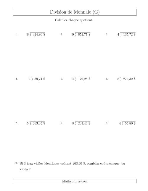 Division de Montants par Tranches de 1 Sous par un Diviseur à Un Chiffre ($) (G)