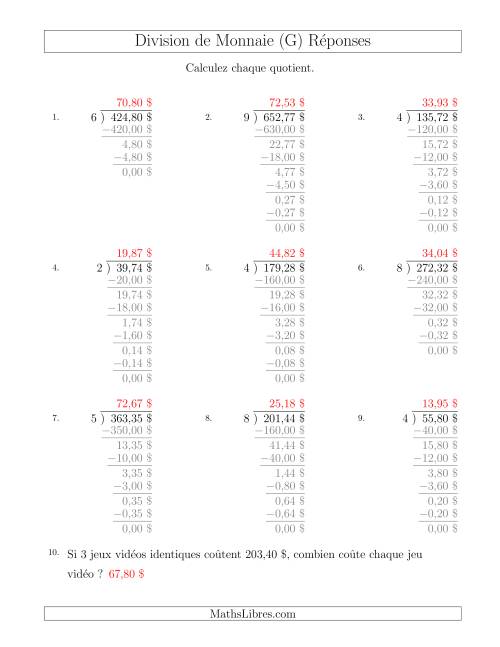 Division de Montants par Tranches de 1 Sous par un Diviseur à Un Chiffre ($) (G) page 2