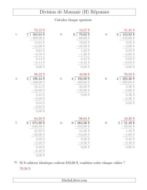 Division de Montants par Tranches de 1 Sous par un Diviseur à Un Chiffre ($) (H) page 2
