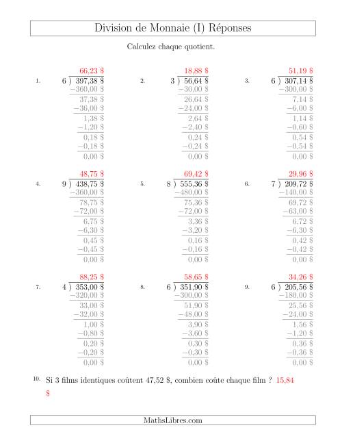 Division de Montants par Tranches de 1 Sous par un Diviseur à Un Chiffre ($) (I) page 2