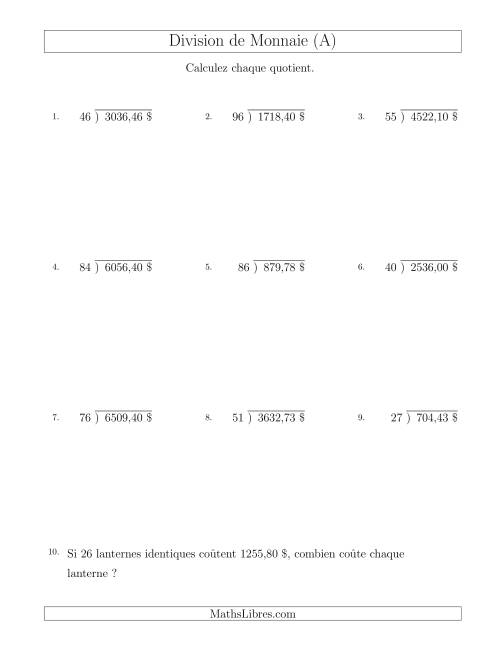 Division de Montants par Tranches de 1 Sous par un Diviseur à Deux Chiffres ($) (A)