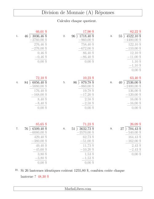 Division de Montants par Tranches de 1 Sous par un Diviseur à Deux Chiffres ($) (A) page 2
