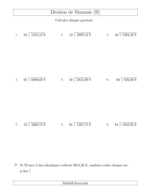 Division de Montants par Tranches de 1 Sous par un Diviseur à Deux Chiffres ($) (B)