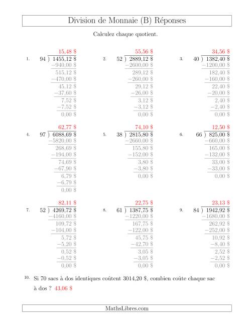 Division de Montants par Tranches de 1 Sous par un Diviseur à Deux Chiffres ($) (B) page 2