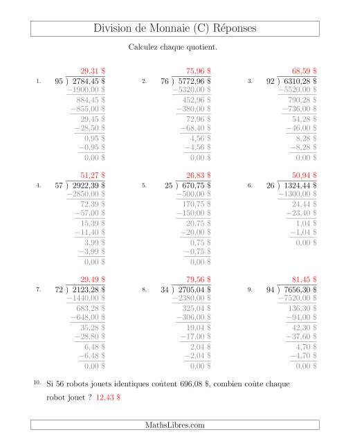 Division de Montants par Tranches de 1 Sous par un Diviseur à Deux Chiffres ($) (C) page 2