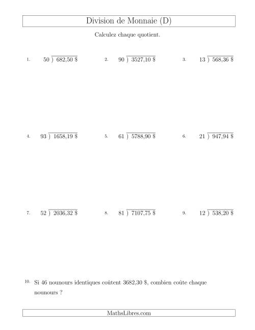 Division de Montants par Tranches de 1 Sous par un Diviseur à Deux Chiffres ($) (D)