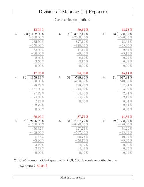 Division de Montants par Tranches de 1 Sous par un Diviseur à Deux Chiffres ($) (D) page 2