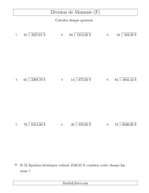 Division de Montants par Tranches de 1 Sous par un Diviseur à Deux Chiffres ($) (F)
