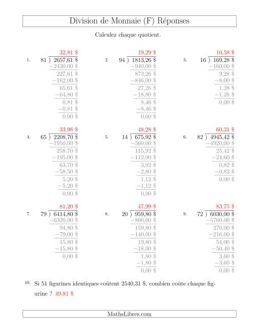 Division de Montants par Tranches de 1 Sous par un Diviseur à Deux Chiffres ($) (F) page 2