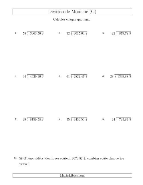 Division de Montants par Tranches de 1 Sous par un Diviseur à Deux Chiffres ($) (G)