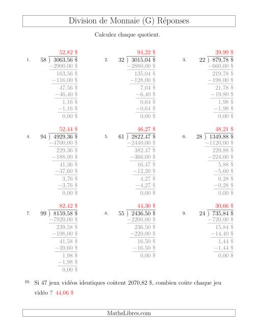 Division de Montants par Tranches de 1 Sous par un Diviseur à Deux Chiffres ($) (G) page 2