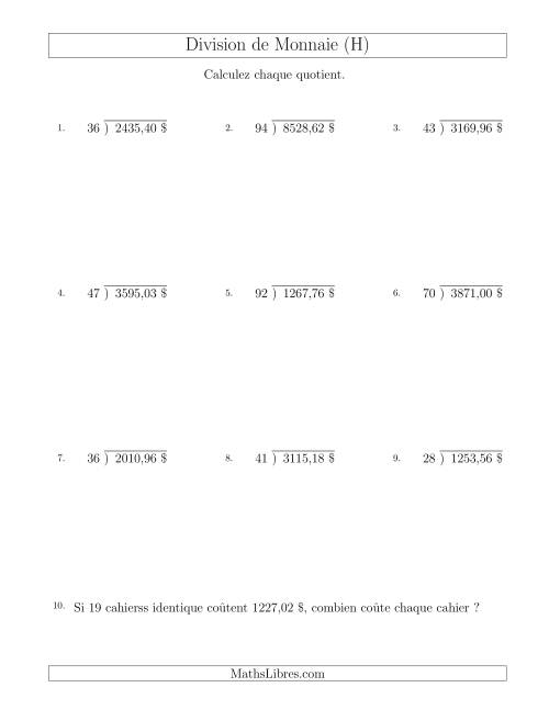 Division de Montants par Tranches de 1 Sous par un Diviseur à Deux Chiffres ($) (H)