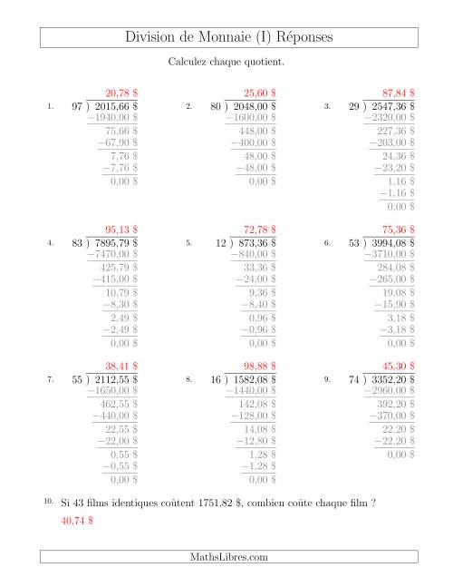 Division de Montants par Tranches de 1 Sous par un Diviseur à Deux Chiffres ($) (I) page 2