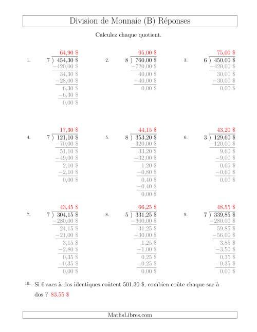 Division de Montants par Tranches de 5 Sous par un Diviseur à Un Chiffre ($) (B) page 2
