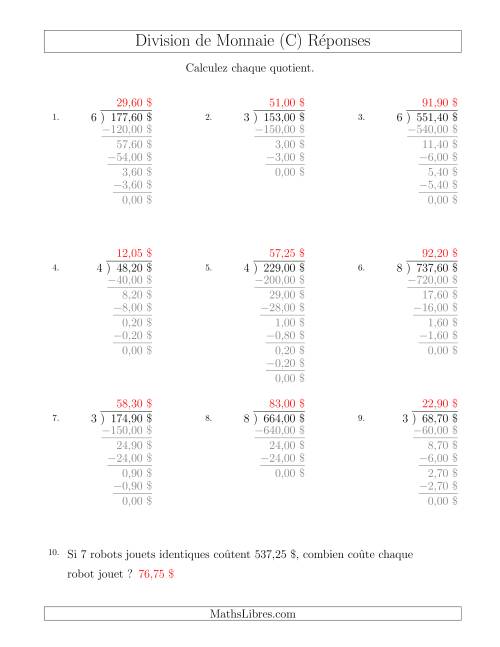 Division de Montants par Tranches de 5 Sous par un Diviseur à Un Chiffre ($) (C) page 2
