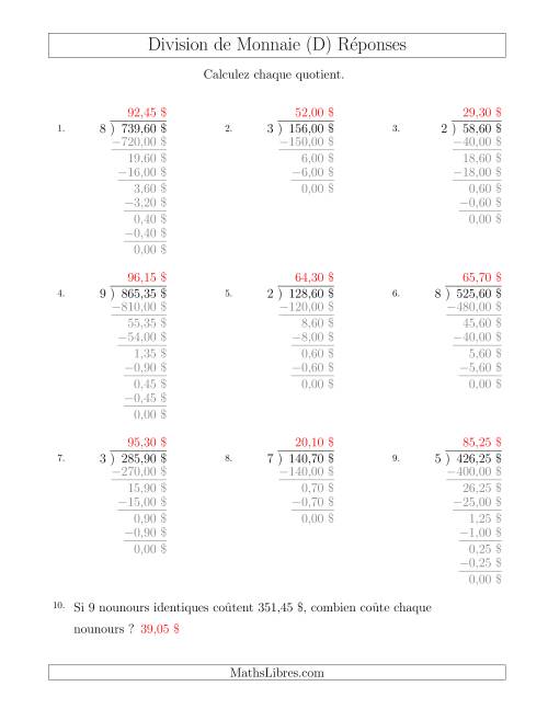 Division de Montants par Tranches de 5 Sous par un Diviseur à Un Chiffre ($) (D) page 2