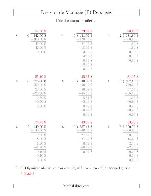 Division de Montants par Tranches de 5 Sous par un Diviseur à Un Chiffre ($) (F) page 2