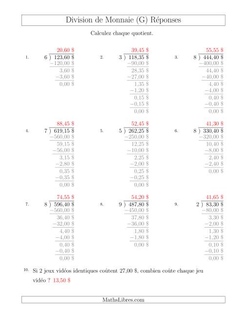 Division de Montants par Tranches de 5 Sous par un Diviseur à Un Chiffre ($) (G) page 2