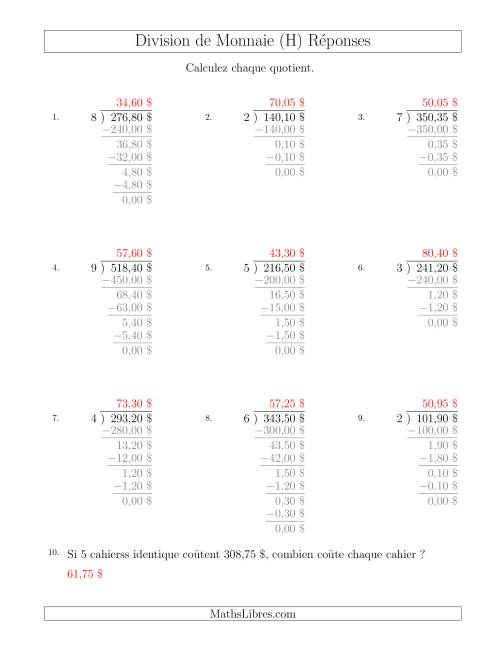 Division de Montants par Tranches de 5 Sous par un Diviseur à Un Chiffre ($) (H) page 2