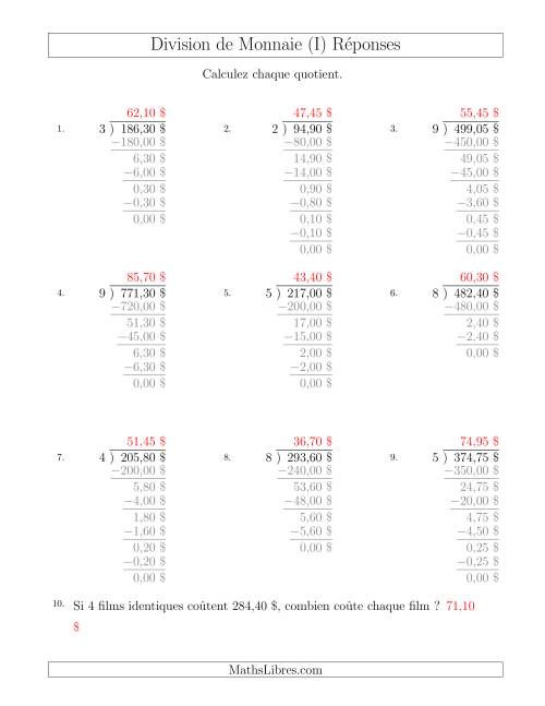 Division de Montants par Tranches de 5 Sous par un Diviseur à Un Chiffre ($) (I) page 2