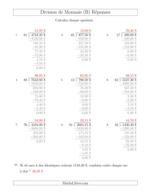Division de Montants par Tranches de 5 Sous par un Diviseur à Deux Chiffres ($) (B) page 2