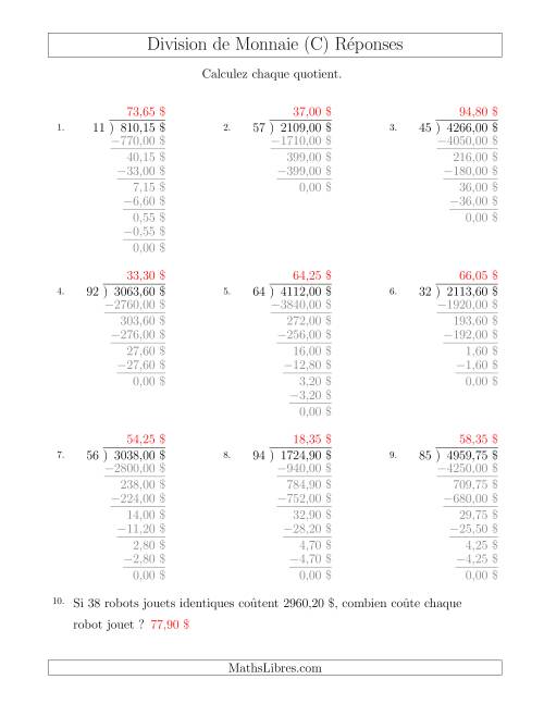 Division de Montants par Tranches de 5 Sous par un Diviseur à Deux Chiffres ($) (C) page 2