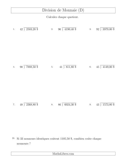 Division de Montants par Tranches de 5 Sous par un Diviseur à Deux Chiffres ($) (D)