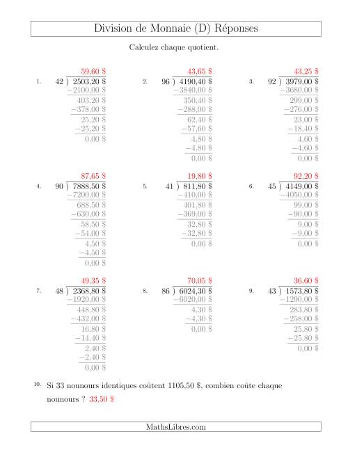 Division de Montants par Tranches de 5 Sous par un Diviseur à Deux Chiffres ($) (D) page 2
