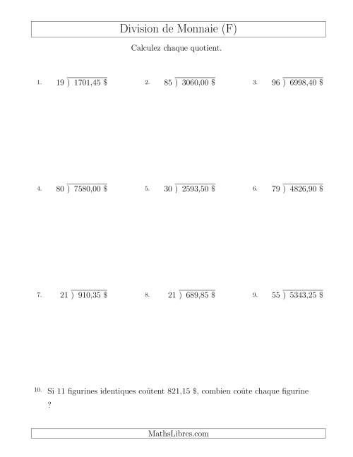 Division de Montants par Tranches de 5 Sous par un Diviseur à Deux Chiffres ($) (F)