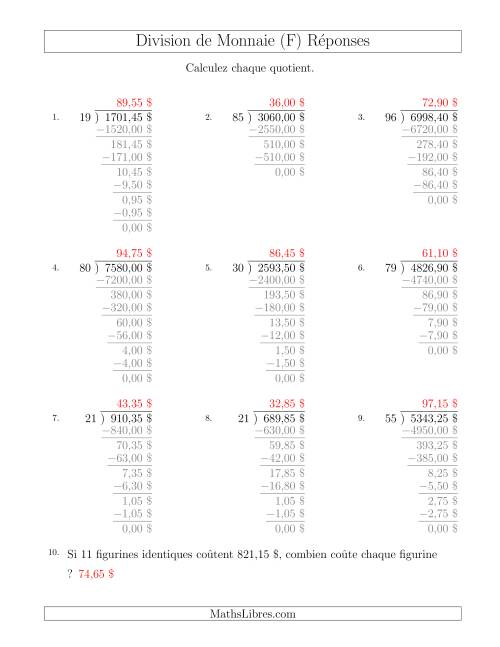 Division de Montants par Tranches de 5 Sous par un Diviseur à Deux Chiffres ($) (F) page 2