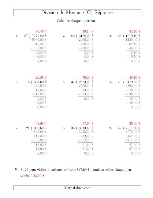 Division de Montants par Tranches de 5 Sous par un Diviseur à Deux Chiffres ($) (G) page 2