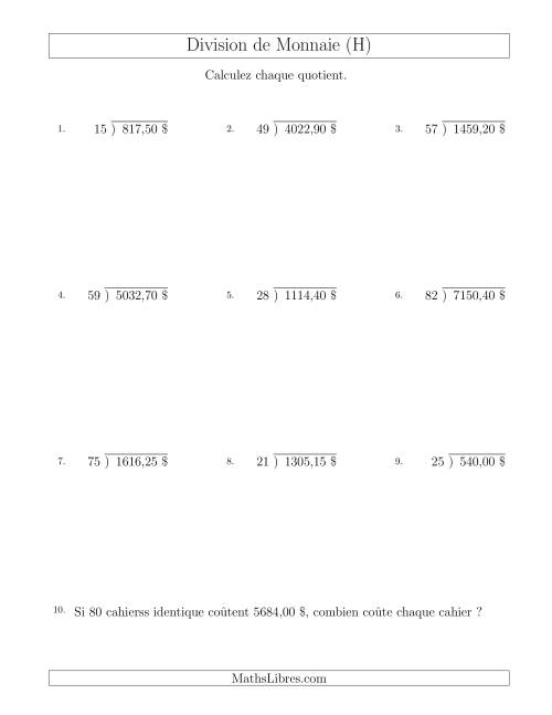 Division de Montants par Tranches de 5 Sous par un Diviseur à Deux Chiffres ($) (H)