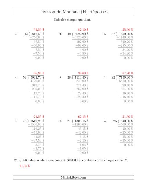 Division de Montants par Tranches de 5 Sous par un Diviseur à Deux Chiffres ($) (H) page 2