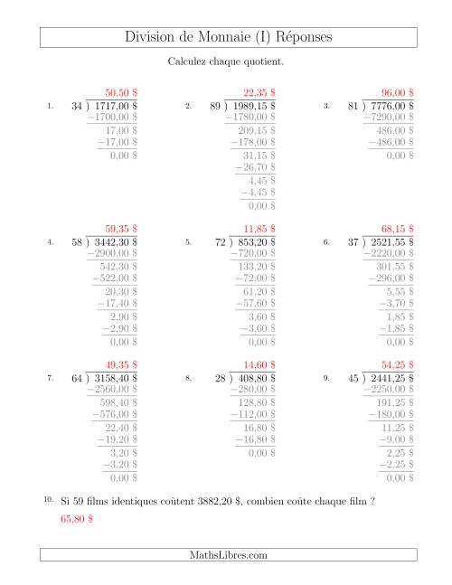 Division de Montants par Tranches de 5 Sous par un Diviseur à Deux Chiffres ($) (I) page 2