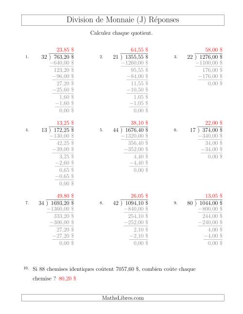 Division de Montants par Tranches de 5 Sous par un Diviseur à Deux Chiffres ($) (J) page 2