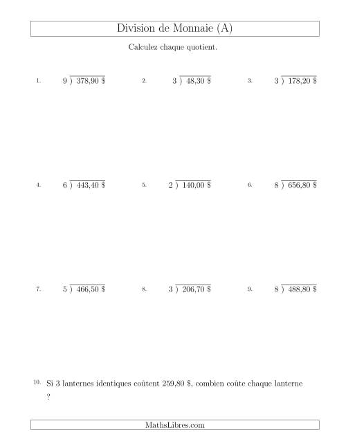 Division de Montants par Tranches de 10 Sous par un Diviseur à Un Chiffre ($) (A)