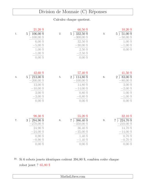 Division de Montants par Tranches de 10 Sous par un Diviseur à Un Chiffre ($) (C) page 2