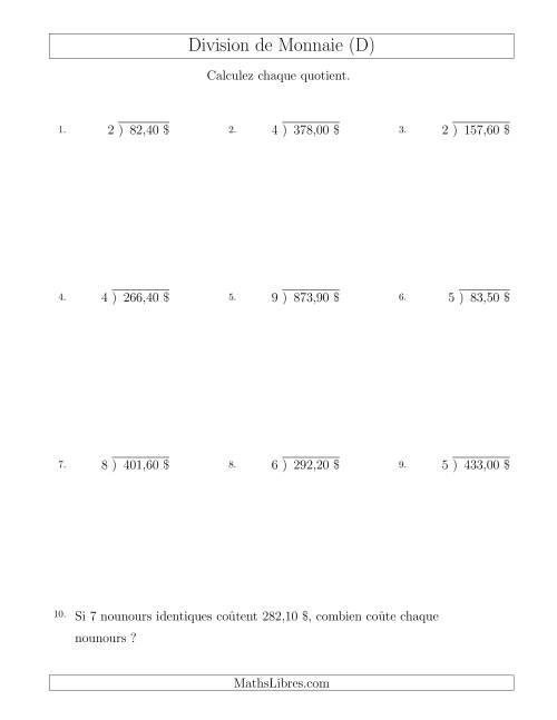 Division de Montants par Tranches de 10 Sous par un Diviseur à Un Chiffre ($) (D)